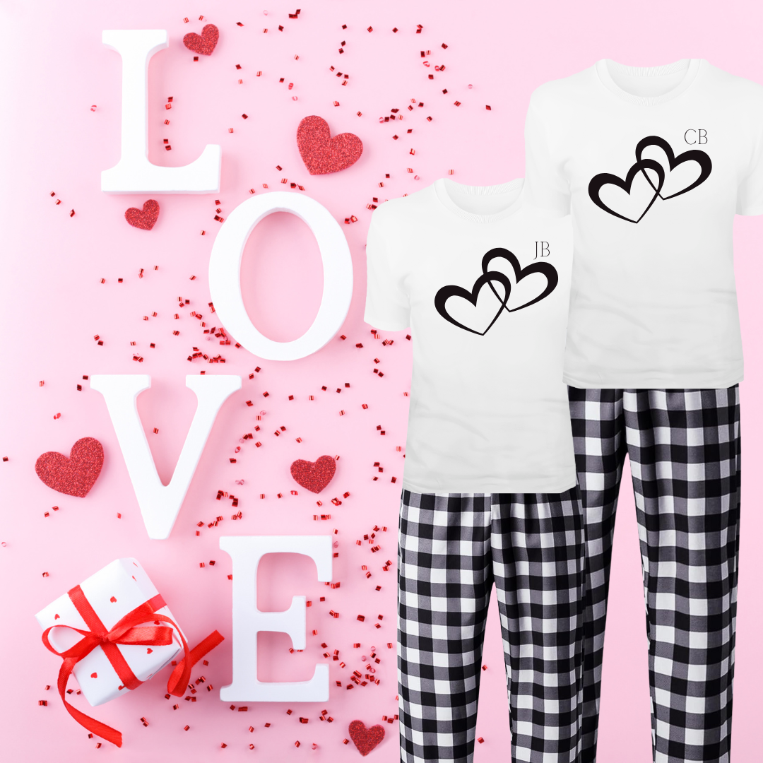 Couple Pajamas 2 Hearts Together and Initials